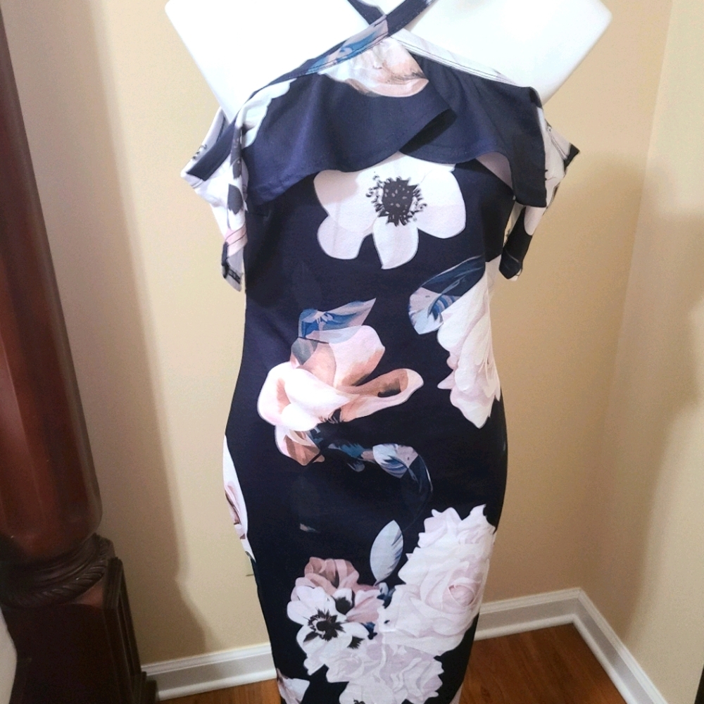 Navy floral knee length dress, off the shoulder